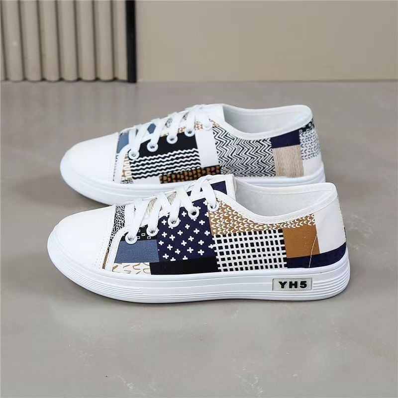 2025 New Women's Canvas Shoes, Fashion Patchwork Low-Top Flat Sneakers, All-Match Ins Style Casual Board Shoes for Spring & Autumn, Niche Cookie Shoes with Unique Pattern