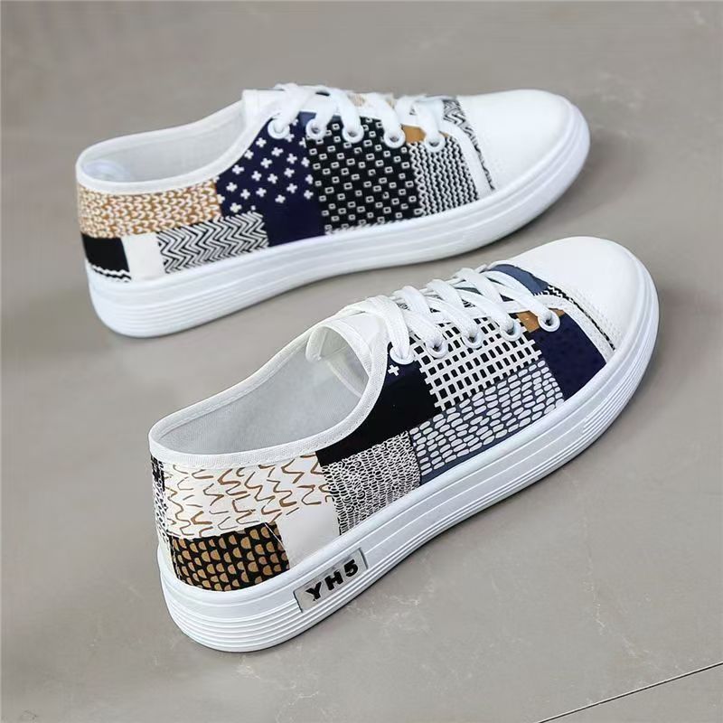 2025 New Women's Canvas Shoes, Fashion Patchwork Low-Top Flat Sneakers, All-Match Ins Style Casual Board Shoes for Spring & Autumn, Niche Cookie Shoes with Unique Pattern