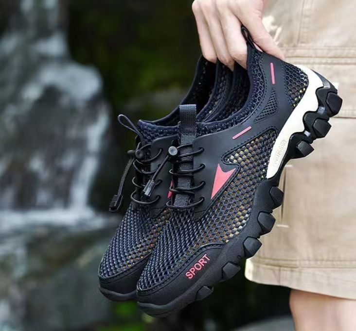 Men's 2025 Mesh Outdoor Shoes, Soft Sole Non-Slip Hiking & Wading Shoes, Breathable Elastic Band Slip-On Hollow Out Fishing Sneakers for Mountaineering & Water Sports
