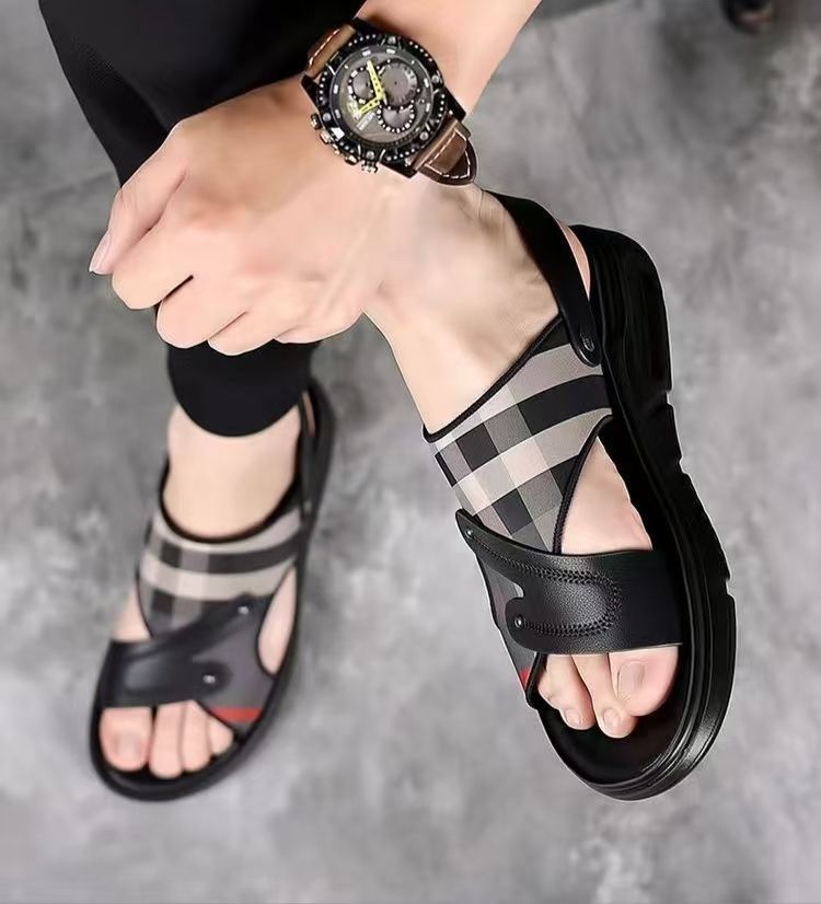 2025 New High-Grade Men's Summer Sandals Wear-Resistant Non-Slip Soft Sole Outdoor Dual-Use Sandals Slippers Fashion Plaid Open-Toe Casual Beach Shoes for Men