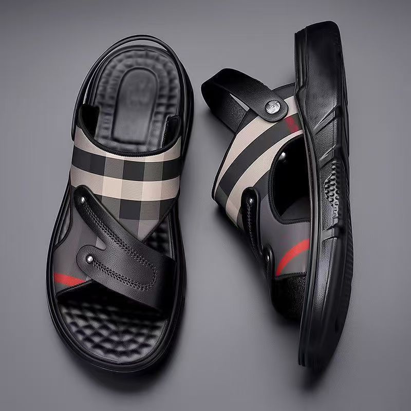 2025 New High-Grade Men's Summer Sandals Wear-Resistant Non-Slip Soft Sole Outdoor Dual-Use Sandals Slippers Fashion Plaid Open-Toe Casual Beach Shoes for Men