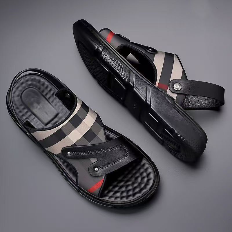 2025 New High-Grade Men's Summer Sandals Wear-Resistant Non-Slip Soft Sole Outdoor Dual-Use Sandals Slippers Fashion Plaid Open-Toe Casual Beach Shoes for Men