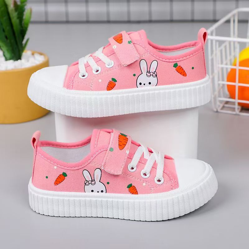 Korean Style Kids Canvas Shoes New Cartoon Print Boys Girls Casual Sneakers Soft Sole Lightweight Flat School Running Board Shoes for Children