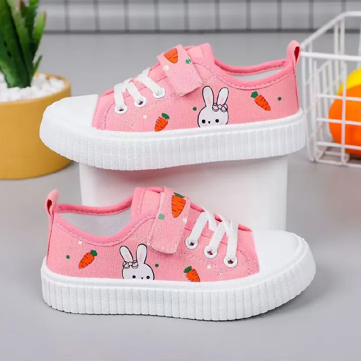 Korean Style Kids Canvas Shoes New Cartoon Print Boys Girls Casual Sneakers Soft Sole Lightweight Flat School Running Board Shoes for Children