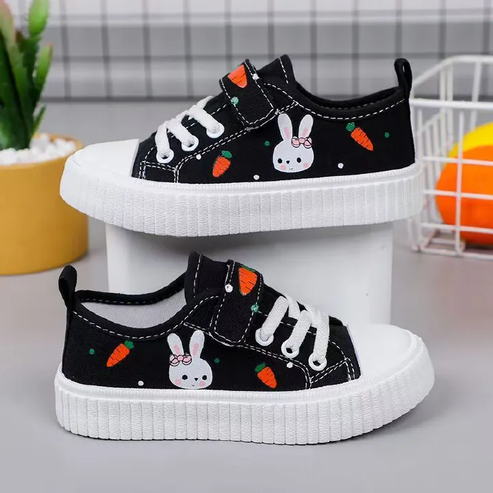 Korean Style Kids Canvas Shoes New Cartoon Print Boys Girls Casual Sneakers Soft Sole Lightweight Flat School Running Board Shoes for Children