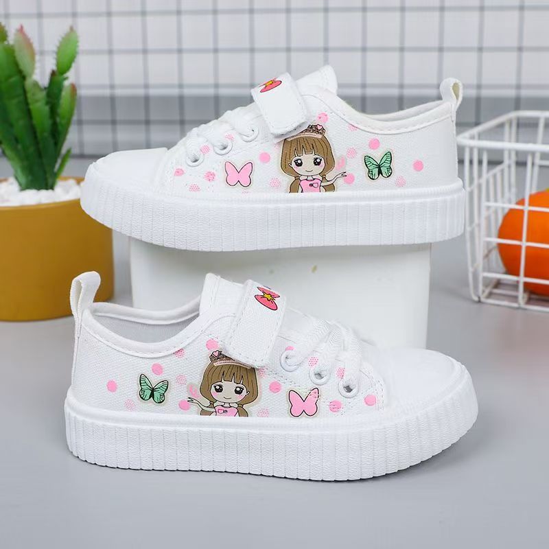 Korean Style Kids Canvas Shoes New Cartoon Print Boys Girls Casual Sneakers Soft Sole Lightweight Flat School Running Board Shoes for Children