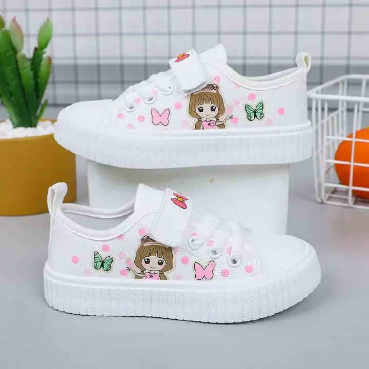 Korean Style Kids Canvas Shoes New Cartoon Print Boys Girls Casual Sneakers Soft Sole Lightweight Flat School Running Board Shoes for Children