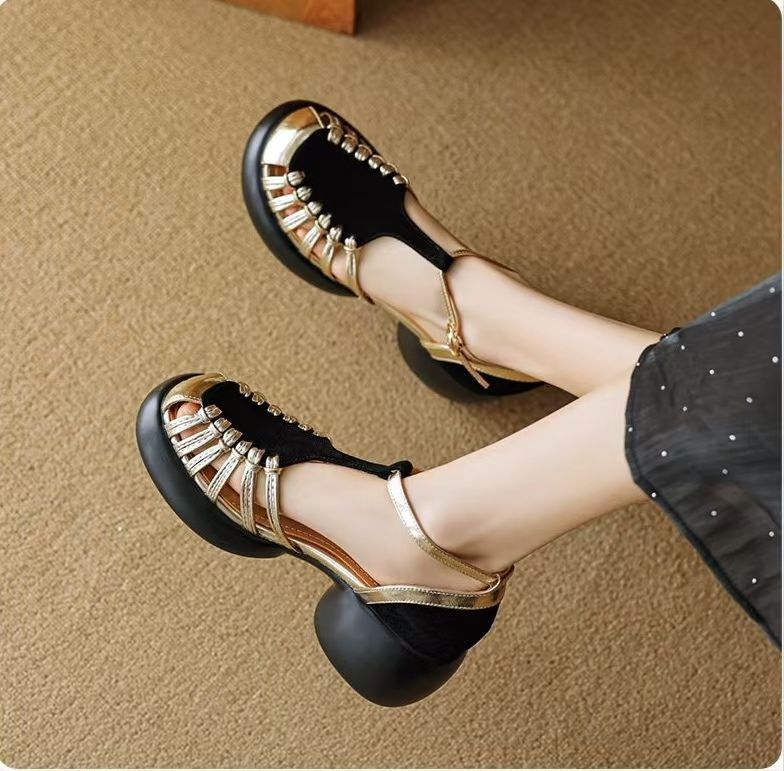 Women's Closed Toe Platform Roman Sandals 2025 Summer, Chunky Heel Hollow Out Leather Sandals, Comfy Thick Sole Outdoor Shoes