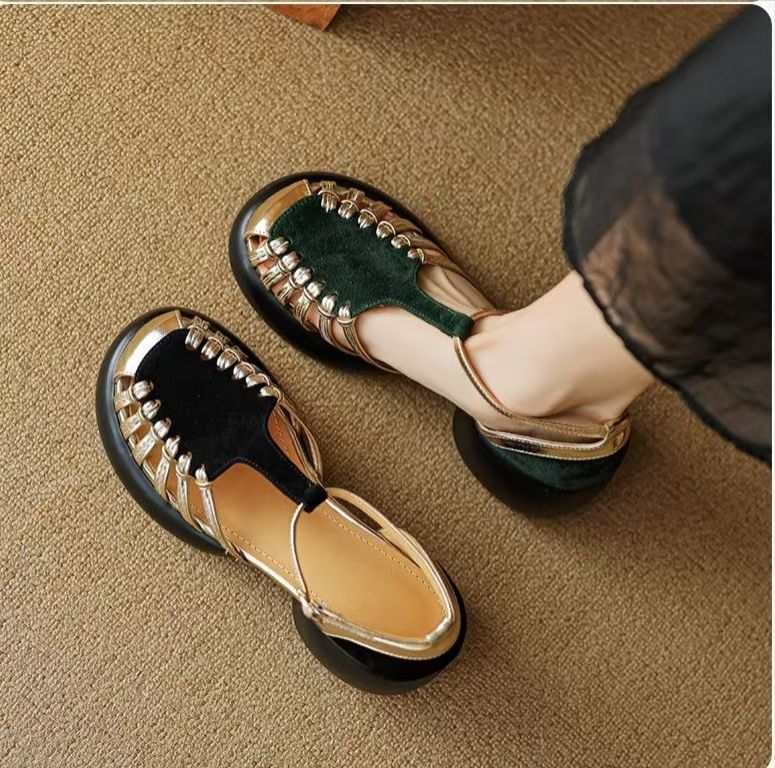 Women's Closed Toe Platform Roman Sandals 2025 Summer, Chunky Heel Hollow Out Leather Sandals, Comfy Thick Sole Outdoor Shoes