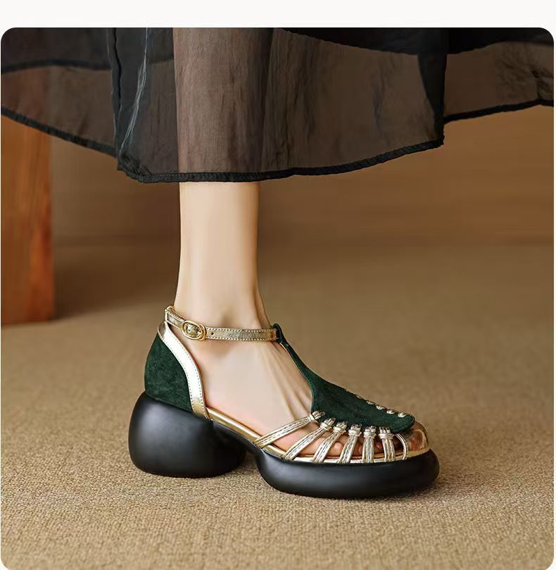 Women's Closed Toe Platform Roman Sandals 2025 Summer, Chunky Heel Hollow Out Leather Sandals, Comfy Thick Sole Outdoor Shoes