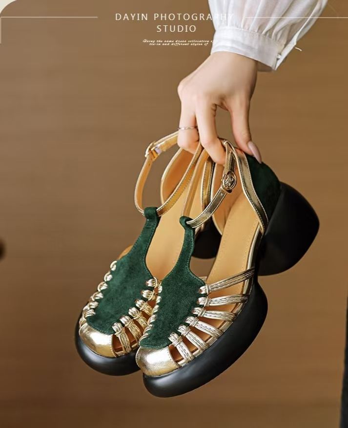 Women's Closed Toe Platform Roman Sandals 2025 Summer, Chunky Heel Hollow Out Leather Sandals, Comfy Thick Sole Outdoor Shoes