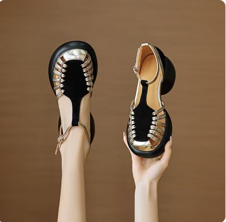 Women's Closed Toe Platform Roman Sandals 2025 Summer, Chunky Heel Hollow Out Leather Sandals, Comfy Thick Sole Outdoor Shoes