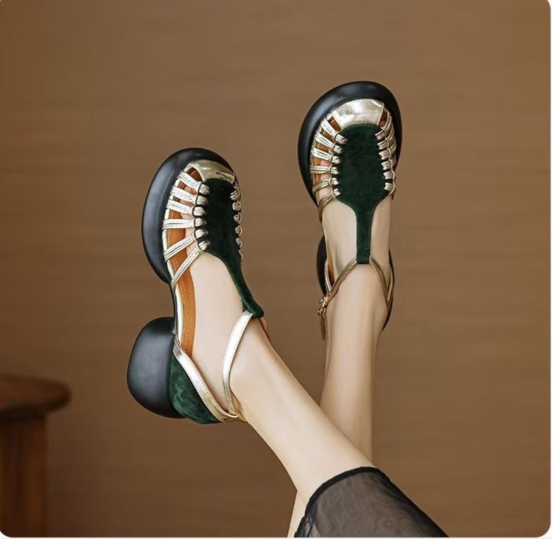 Women's Closed Toe Platform Roman Sandals 2025 Summer, Chunky Heel Hollow Out Leather Sandals, Comfy Thick Sole Outdoor Shoes