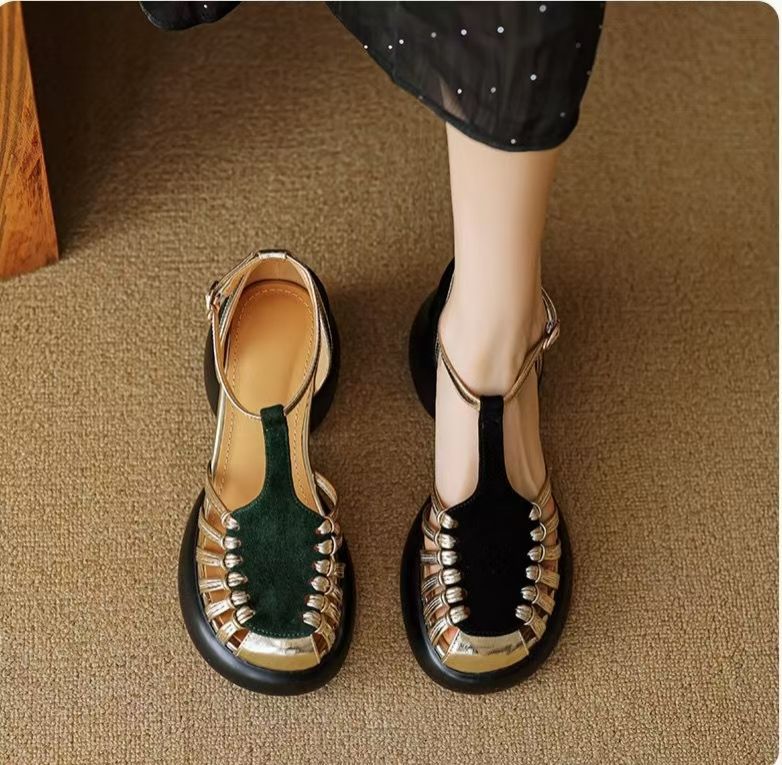 Women's Closed Toe Platform Roman Sandals 2025 Summer, Chunky Heel Hollow Out Leather Sandals, Comfy Thick Sole Outdoor Shoes