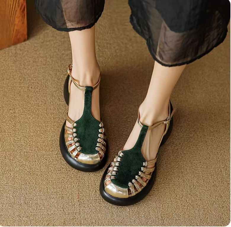 Women's Closed Toe Platform Roman Sandals 2025 Summer, Chunky Heel Hollow Out Leather Sandals, Comfy Thick Sole Outdoor Shoes