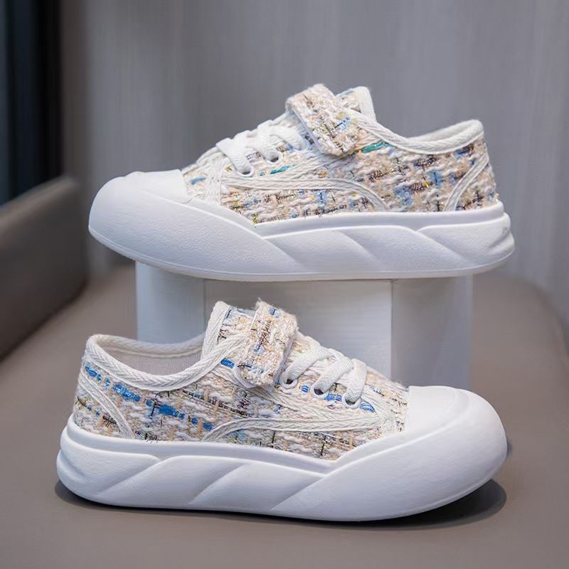 Kids' Tweed & Canvas Sneakers - Breathable Low-Top Casual Shoes, Soft Sole Hook-and-Loop Sneakers for Boys & Girls