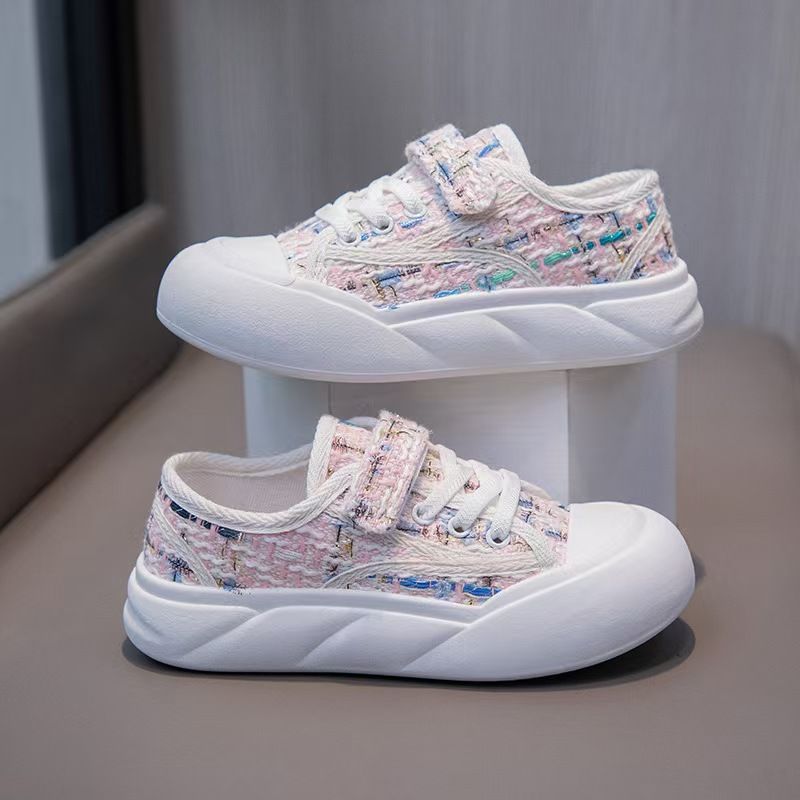 Kids' Tweed & Canvas Sneakers - Breathable Low-Top Casual Shoes, Soft Sole Hook-and-Loop Sneakers for Boys & Girls