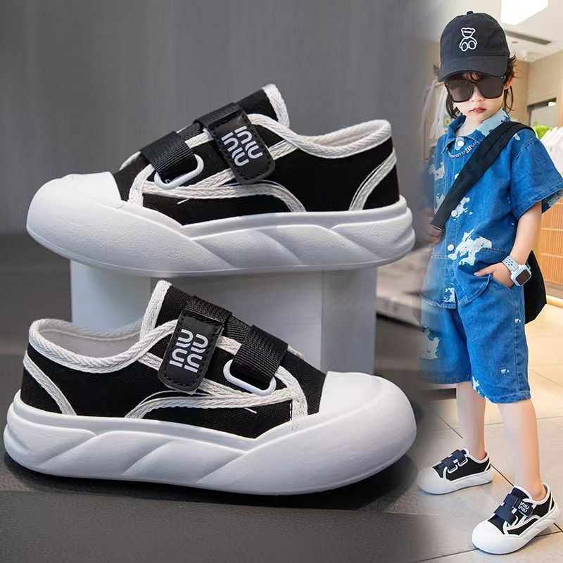 Kids' Tweed & Canvas Sneakers - Breathable Low-Top Casual Shoes, Soft Sole Hook-and-Loop Sneakers for Boys & Girls