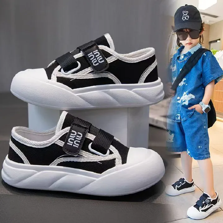 Kids' Tweed & Canvas Sneakers - Breathable Low-Top Casual Shoes, Soft Sole Hook-and-Loop Sneakers for Boys & Girls