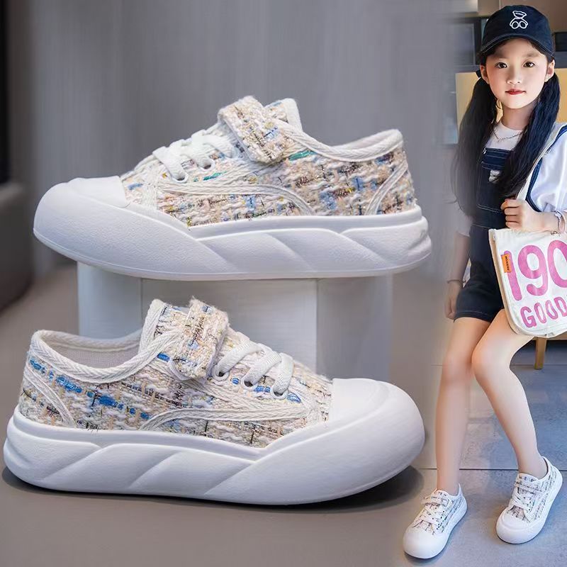 Kids' Tweed & Canvas Sneakers - Breathable Low-Top Casual Shoes, Soft Sole Hook-and-Loop Sneakers for Boys & Girls
