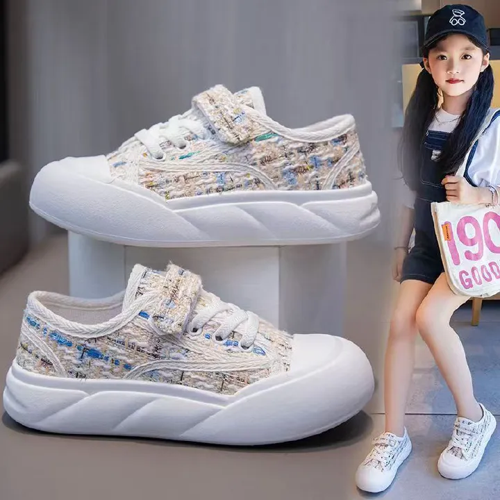 Kids' Tweed & Canvas Sneakers - Breathable Low-Top Casual Shoes, Soft Sole Hook-and-Loop Sneakers for Boys & Girls