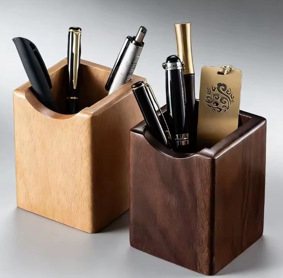 Wooden Square Pen Holder Desk Organizer Handcrafted Antique Style Desktop Storage for Stationery; Perfect for home or office use, -1PC