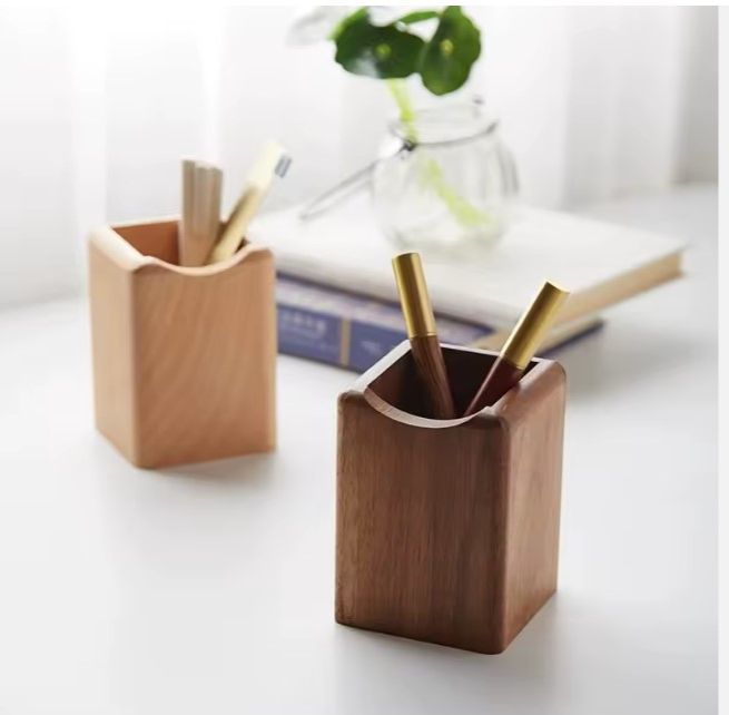 Wooden Square Pen Holder Desk Organizer Handcrafted Antique Style Desktop Storage for Stationery; Perfect for home or office use, -1PC