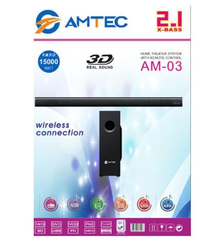 Amtec 03 High-Definition Wireless Bluetooth Soundbar – Powerful Bass, Surround Sound, USB & AUX Input, FM Radio, Remote Control, Home Theater Speaker System