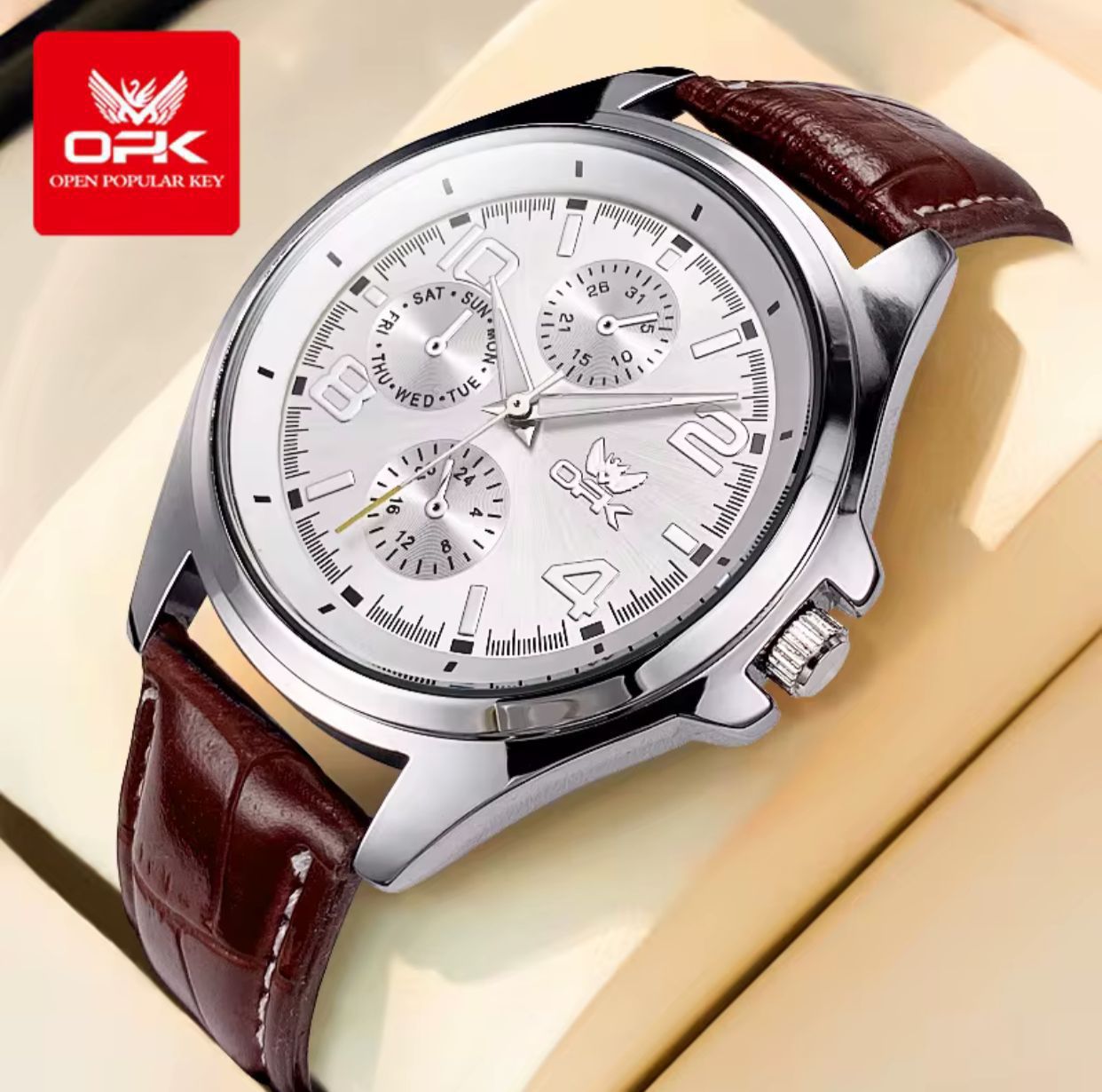 OPK Men Watch #6017 Classic Analog Wrist Watch Luminous Hands Leather Strap Battery Powered Water Resistant Stylish Business Casual Watch for Men