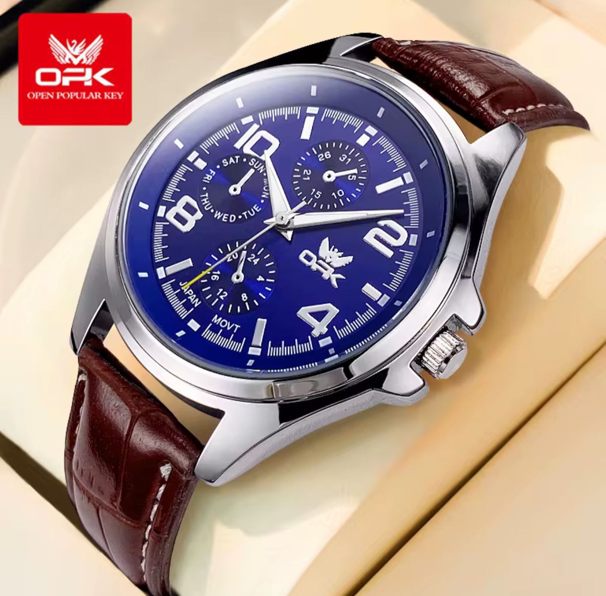 OPK Men Watch #6017 Classic Analog Wrist Watch Luminous Hands Leather Strap Battery Powered Water Resistant Stylish Business Casual Watch for Men