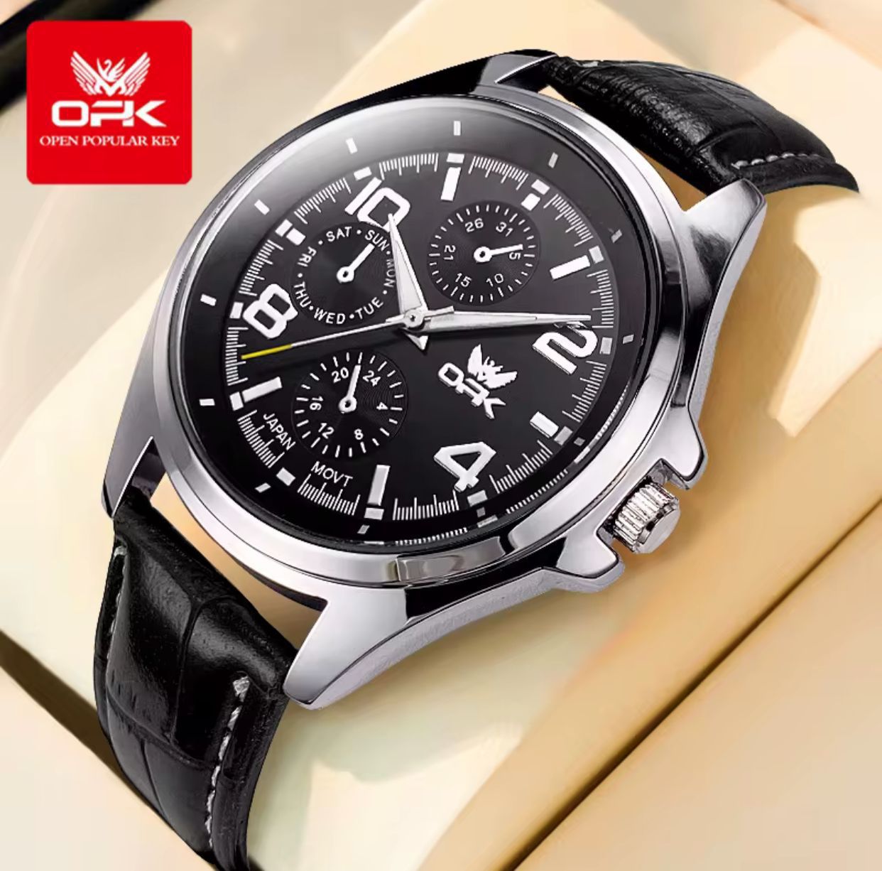 OPK Men Watch #6017 Classic Analog Wrist Watch Luminous Hands Leather Strap Battery Powered Water Resistant Stylish Business Casual Watch for Men