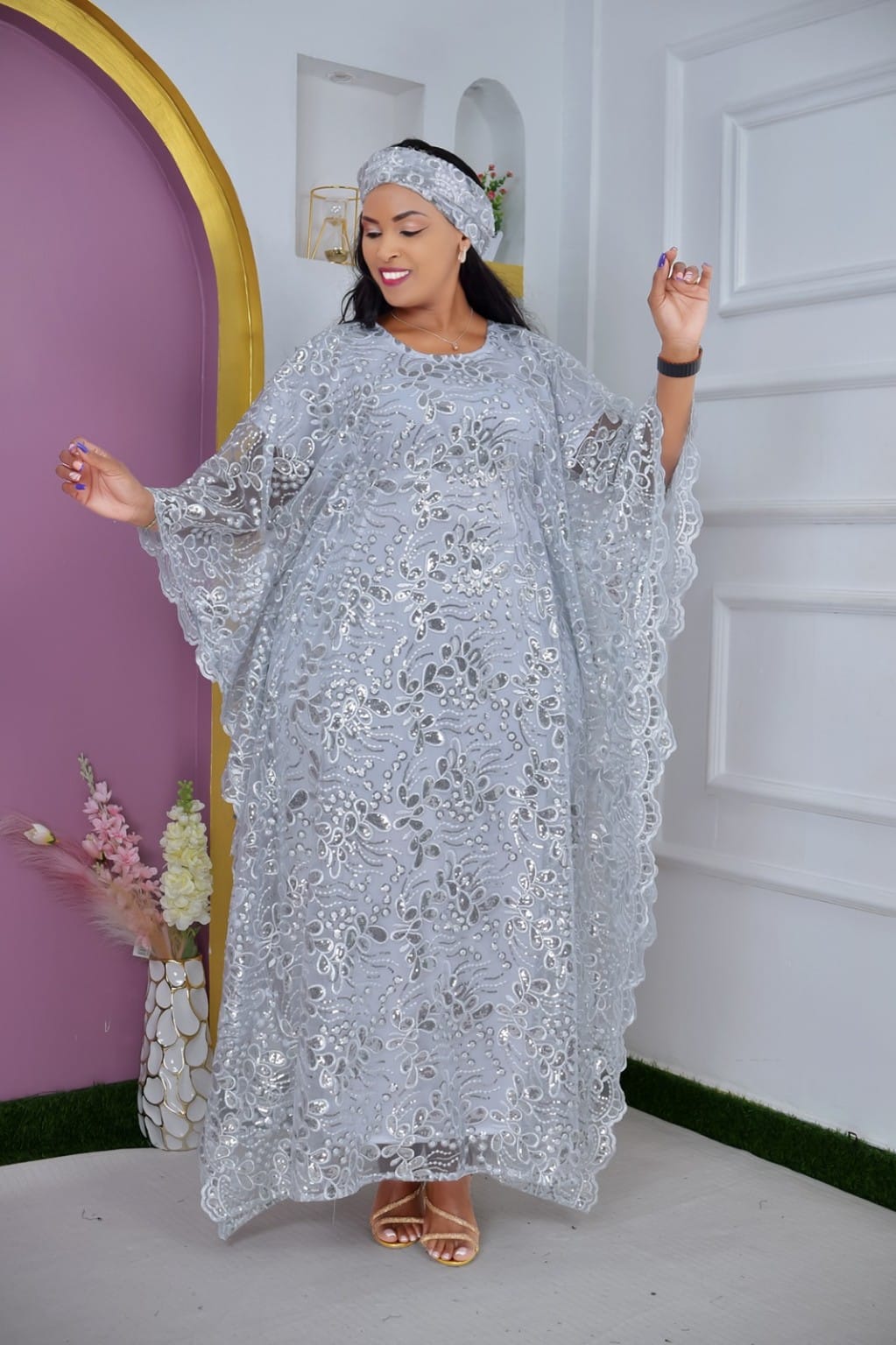 Women Embroidered Dera with Scarf Free Size Kaftan Dress Elegant Modest Outfit Stylish Ladies Loose Fit Comfortable Casual and Formal Wear for Travel Church One Size