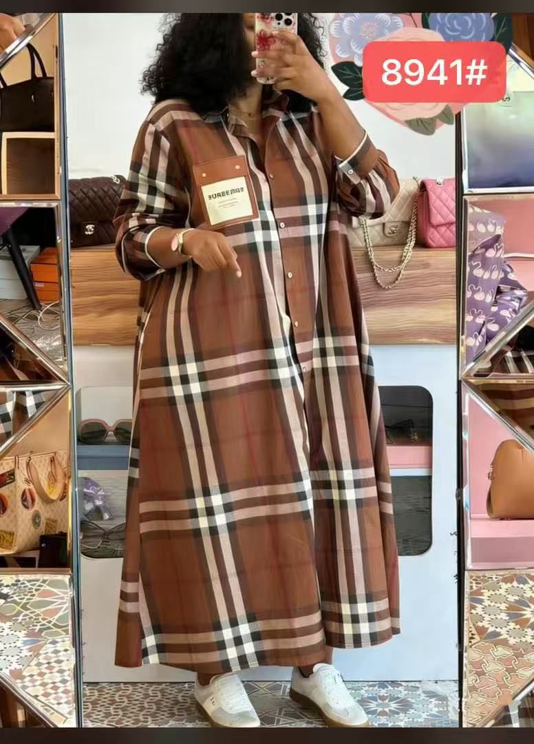 Women Burberry Style Shirt Dress Elegant Button Down Dress Stylish Long Sleeve Casual Outfit Comfortable Fashion Wear for Office Travel Everyday Look Big Fit Sizes L to 2XL
