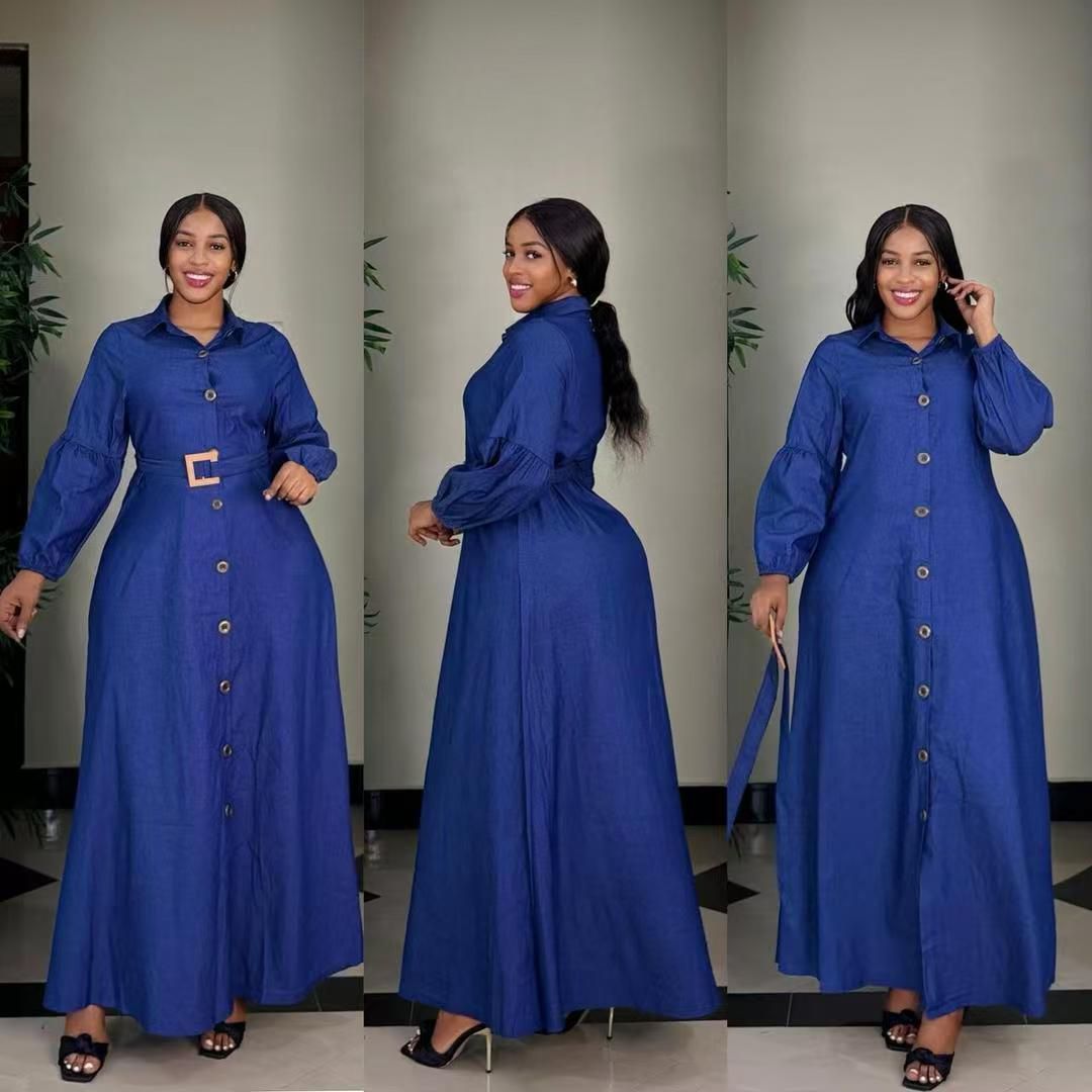 Women Maxi Skater Denim Dress Stylish Flared Jean Dress Elegant Casual Outfit Comfortable Fashion Wear for Travel Parties Everyday Look Soft Durable Denim Sizes L to 3XL