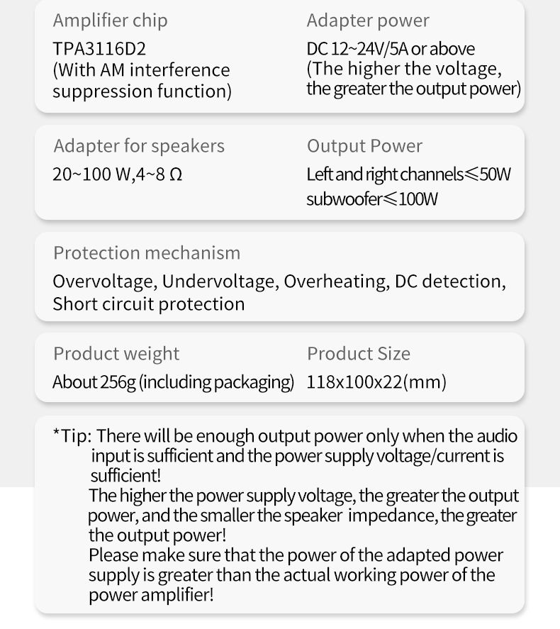 2.1 Bluetooth amplifier board (DC amplifier} TPA 3116 D2 2 X 50W +100W 12-24V