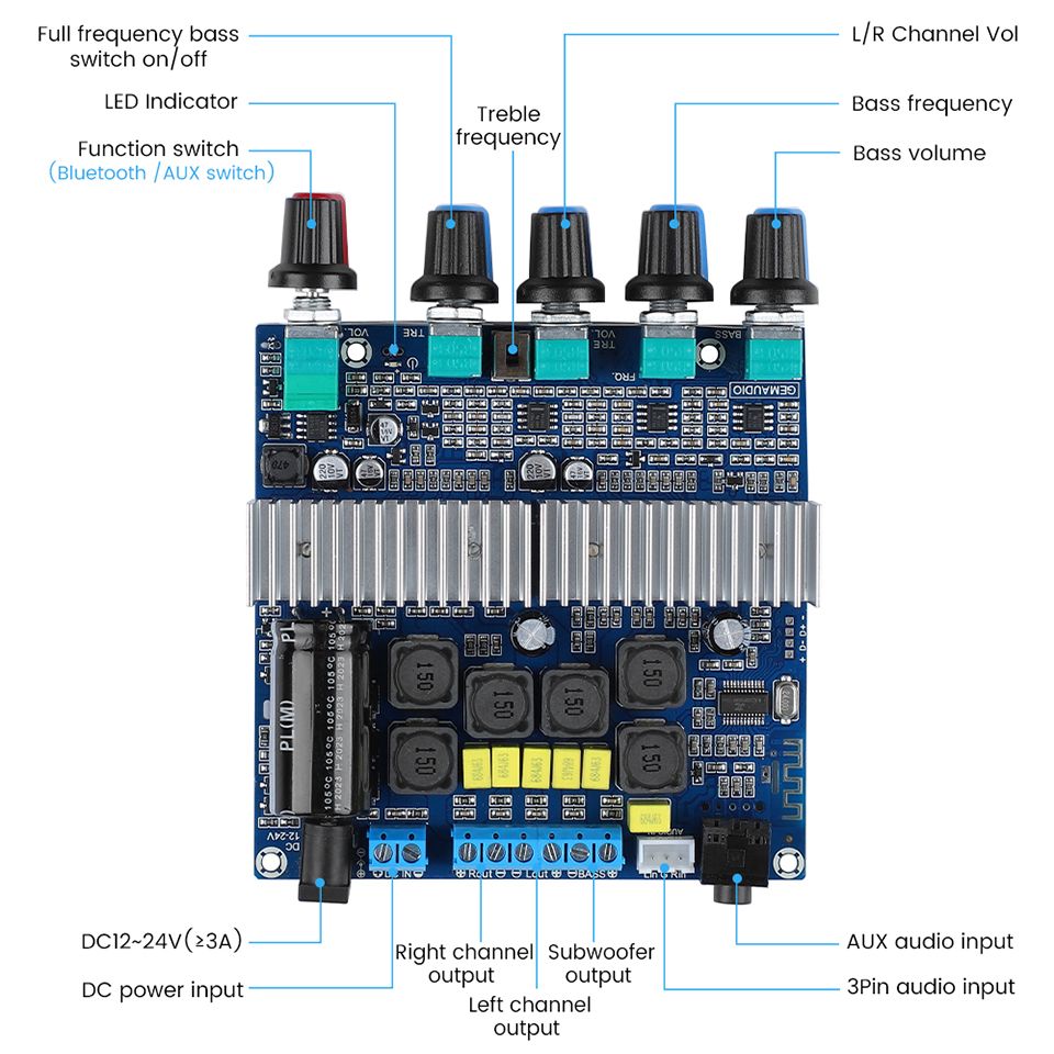 2.1 Bluetooth amplifier board (DC amplifier} TPA 3116 D2 2 X 50W +100W 12-24V