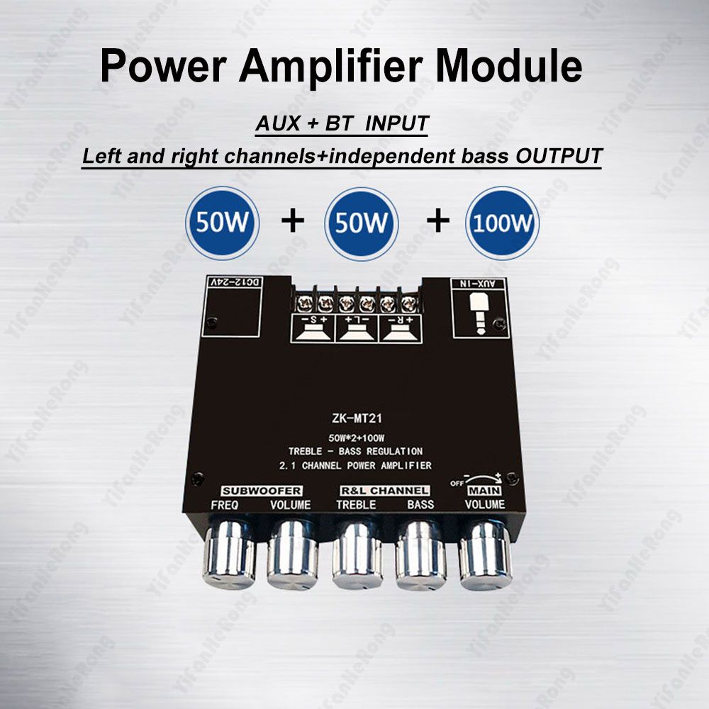 ZK-M21 amplifier module 2X50W +100W 2.1channell Bluetooth 5.0 power amplifier board 12-24V (TPA3116)
Assembled China version (blue light for Bluetooth and red for Aux)