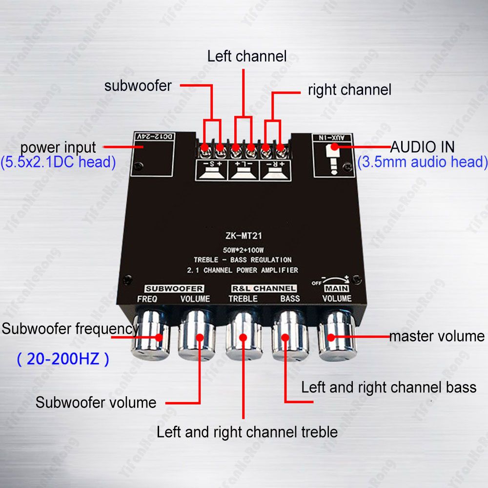 ZK-M21 amplifier module 2X50W +100W 2.1channell Bluetooth 5.0 power amplifier board 12-24V (TPA3116)
Assembled China version (blue light for Bluetooth and red for Aux)