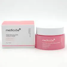 Medicube PDRN Pink Collagen Capsule Cream, containing collagen, niacinamide, and hyaluronic acid, designed to firm, brighten, hydrate, and strengthen the skin barrier for a radiant, "glass-skin" glow