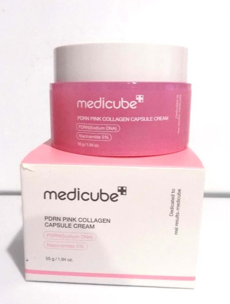 Medicube PDRN Pink Collagen Capsule Cream, containing collagen, niacinamide, and hyaluronic acid, designed to firm, brighten, hydrate, and strengthen the skin barrier for a radiant, "glass-skin" glow