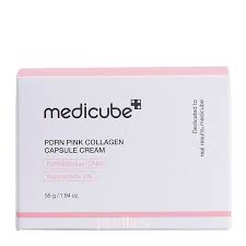 Medicube PDRN Pink Collagen Capsule Cream, containing collagen, niacinamide, and hyaluronic acid, designed to firm, brighten, hydrate, and strengthen the skin barrier for a radiant, "glass-skin" glow