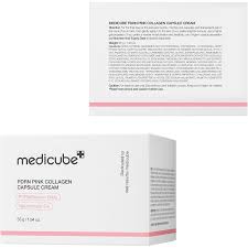 Medicube PDRN Pink Collagen Capsule Cream, containing collagen, niacinamide, and hyaluronic acid, designed to firm, brighten, hydrate, and strengthen the skin barrier for a radiant, "glass-skin" glow