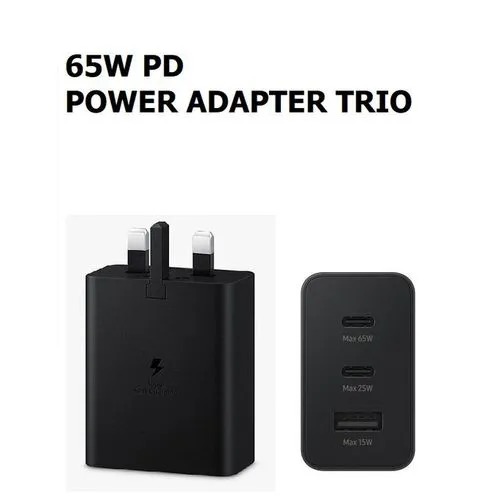 Original Samsung 65W PD Power Adapter Trio SuperFast Charger with three ports - USB-C x 2ports, USB - A port and a USB C-C Cable - Charger for Samsung Smartphones & Tablets, Safe Rapid Charging