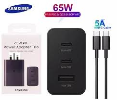 Original Samsung 65W PD Power Adapter Trio SuperFast Charger with three ports - USB-C x 2ports, USB - A port and a USB C-C Cable - Charger for Samsung Smartphones & Tablets, Safe Rapid Charging
