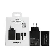 Original Samsung 65W PD Power Adapter Trio SuperFast Charger with three ports - USB-C x 2ports, USB - A port and a USB C-C Cable - Charger for Samsung Smartphones & Tablets, Safe Rapid Charging
