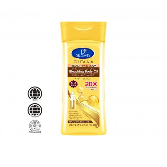 Dr Davey Gluta-Nia Healthy Glow Pro-Age Restore Body Oil 200ml – AHA & BHA Skin Radiance Oil, Anti-Aging & Whitening Serum, Dark Spot Remover, Extra Brightening & Moisturizing Natural Glow