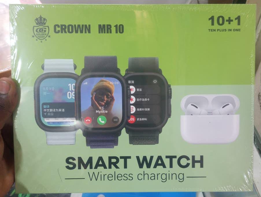 Crown MR10 Smart Watch with Wireless Charging & Earbuds, 10-in-1 Fitness & Health Tracking Smartwatch, Bluetooth Calling, Multiple Watch Bands, Sports Modes for Android & iOS