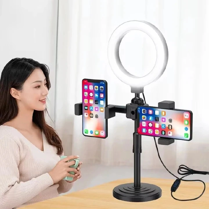 Selfie Ring Light With Tripod Stand 2 Phones Holders Desktop Ring Light for Video Recording Live Broadcast Live Streaming Selfie Makeup Video Photography Selfie Lights