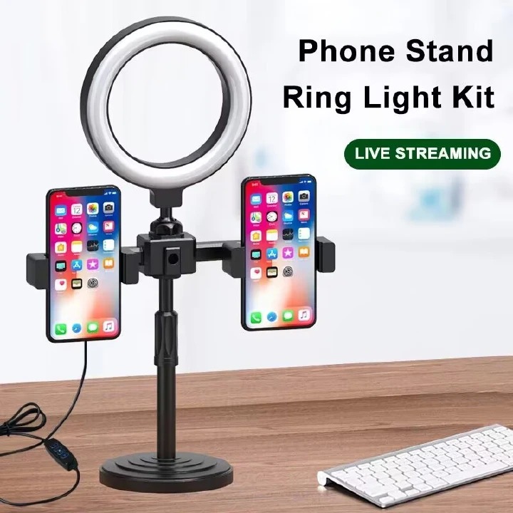 Selfie Ring Light With Tripod Stand 2 Phones Holders Desktop Ring Light for Video Recording Live Broadcast Live Streaming Selfie Makeup Video Photography Selfie Lights