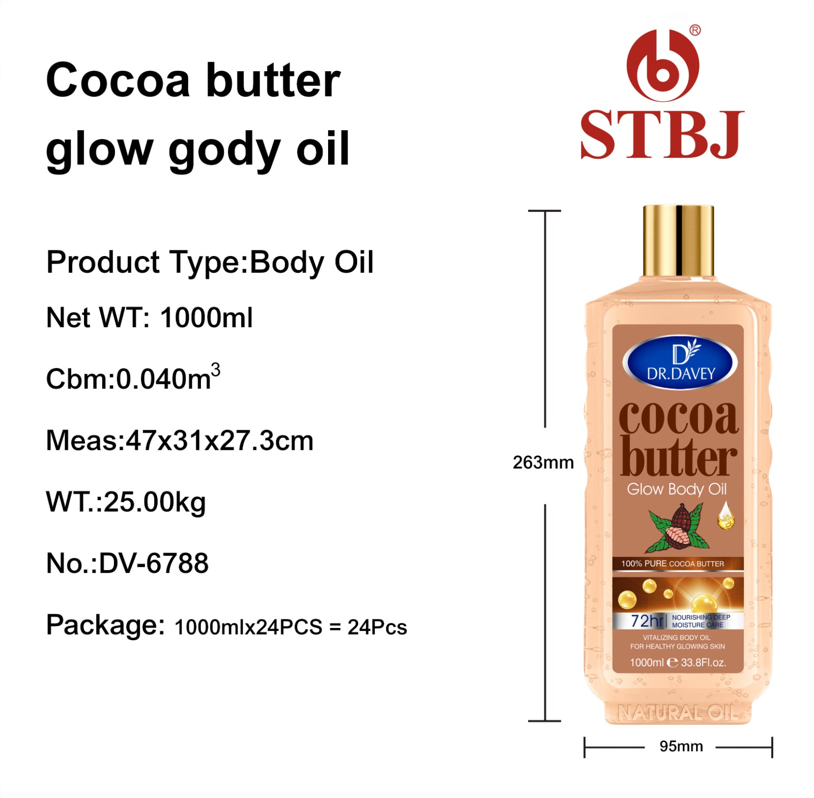Dr. Davey Cocoa Butter Glow Body Oil, Deep Moisturizing Skin Care Oil, 72hr Hydration Nourishing Body Oil for Smooth Soft Glowing Skin, Vitamin Rich Cocoa Butter Oil 1000ml